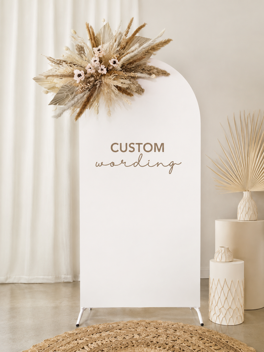 Arch Backdrop with White Cover, Vinyl & Boho Florals - For Hire