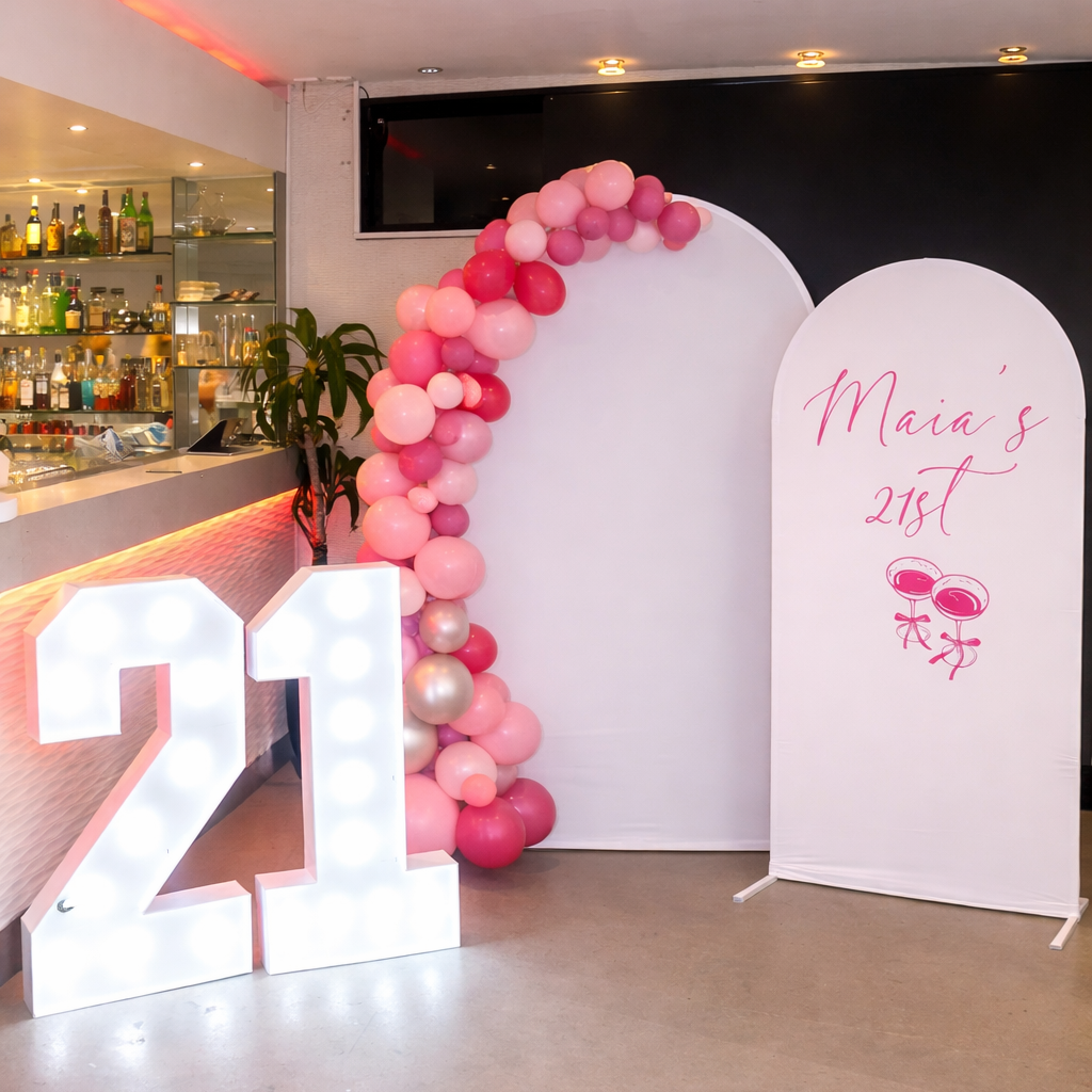 Twin Arch Set - 2mx1m and 1.8mx0.8m Arch Backdrop with White Covers - For Hire